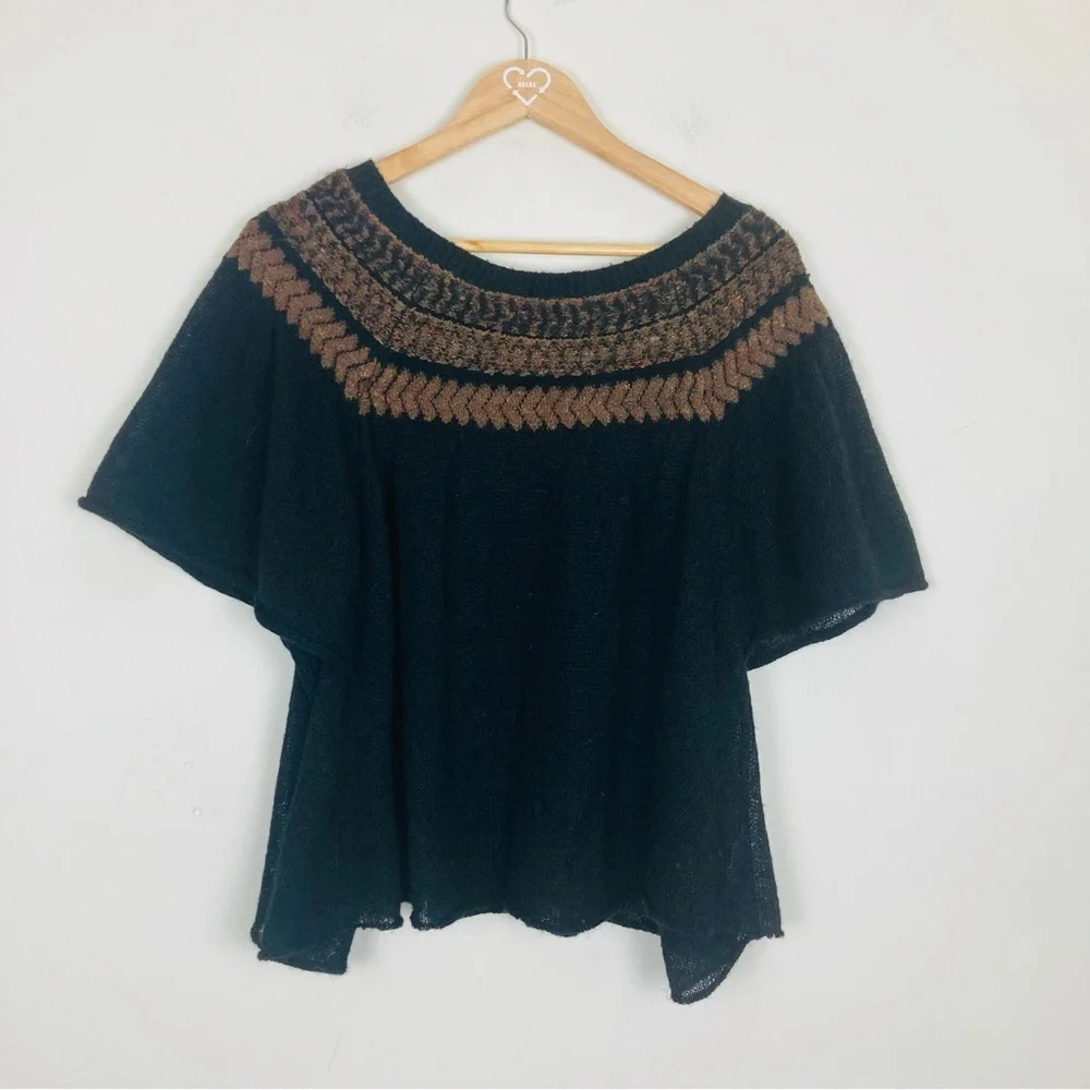 Free People black & brown wool mohair linen blend short sleeve swing sweater. S